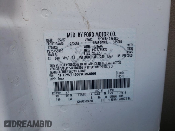 2007 Ford F-150 XLT z VIN 1FTPW14507KC93566, wystawiony jako Copart lot #39261523 z przebiegiem 195 448 mil mil oraz Szkoda całkowita • Salvage title. Historia ofert i sprzedaży dostępna na DreamBid. Obrazek 10.