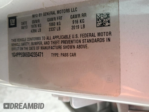 2013 Buick Verano with VIN 1G4PP5SK6D4235471, listed as a Copart auction lot 72713514 with 165,911 mi miles and Salvage Title. Bid and sale history available at carsss.com. Image 12.