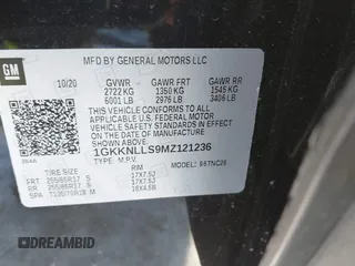 2021 GMC Acadia AT4 with VIN 1GKKNLLS9MZ121236, listed as a IAAI auction lot 41192159 with 43,110 mi miles. Bid and sale history available at carsss.com. Image 9.