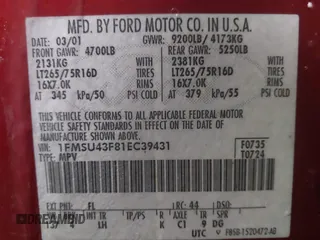 2001 Ford Excursion Limited с VIN 1FMSU43F81EC39431, выставлен на аукционе IAAI как лот 41298572 с пробегом 235 506 миль миль и . История ставок и продаж доступна на DreamBid. Изображение 9.