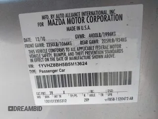 2011 Mazda Mazda6 i Sport with VIN 1YVHZ8BH5B5M13624, listed as a IAAI auction lot 40904715 with 76,797 mi miles. Bid and sale history available at carsss.com. Image 9.