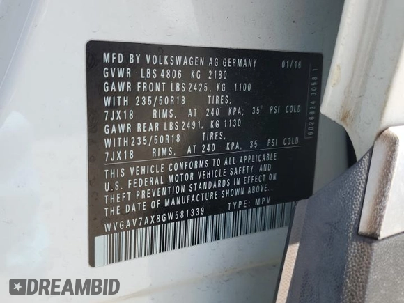 2016 Volkswagen Tiguan SEL with VIN WVGAV7AX8GW581339, listed as a Copart auction lot 52997855 with 47,096 mi miles and Salvage Title. Bid and sale history available at DreamBid. Image 14.