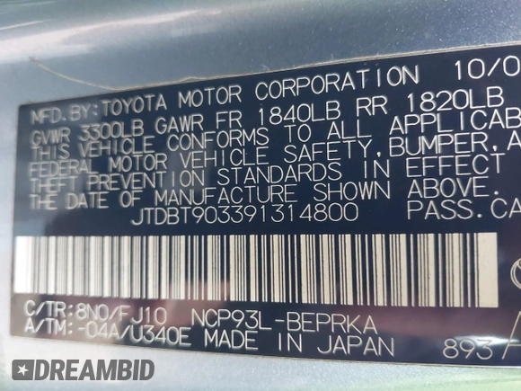 2009 Toyota Yaris z VIN JTDBT903391314800, wystawiony jako IAAI lot #41341594 z przebiegiem 119 610 mil mil oraz . Historia ofert i sprzedaży dostępna na DreamBid. Obrazek 9.