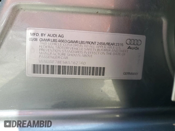 2008 Audi A4 2.0T with VIN WAUAF78E58A162740, listed as a Copart auction lot 60241235 with 124,040 mi miles and Clean title. Bid and sale history available at DreamBid. Image 12.
