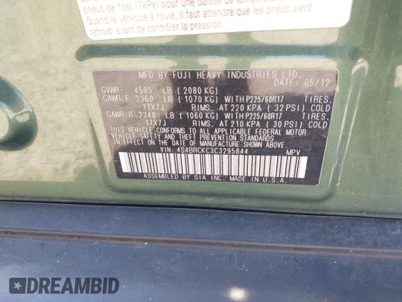 2012 Subaru Outback Limited with VIN 4S4BRCKC3C3295844, listed as a IAAI auction lot 42616958 with 203,626 mi miles and . Bid and sale history available at DreamBid. Image 9.