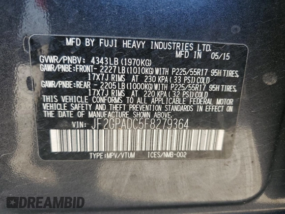 2015 Subaru Crosstrek Premium с VIN JF2GPADC5F8279364, выставлен на аукционе Copart как лот 54957555 с пробегом 194 389 миль миль и Списание • Salvage title. История ставок и продаж доступна на DreamBid. Изображение 12.