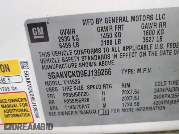 2014 Buick Enclave Premium with VIN 5GAKVCKD9EJ139266, listed as a IAAI auction lot 41675177 with 69,369 mi miles and . Bid and sale history available at DreamBid. Image 9.