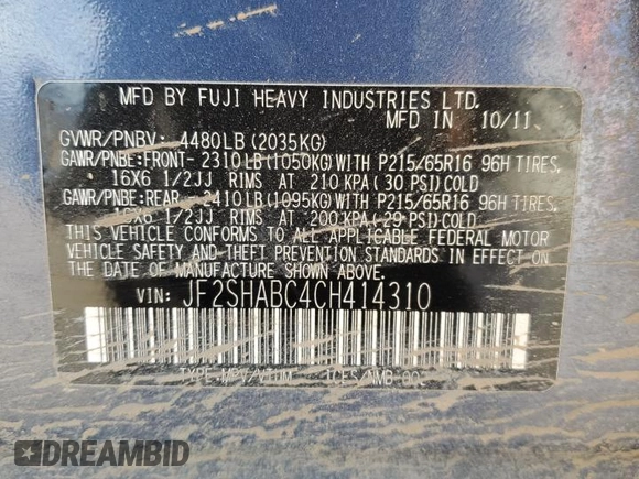 2012 Subaru Forester X with VIN JF2SHABC4CH414310, listed as a Copart auction lot 50448285 with Not Provided miles and Salvage Title. Bid and sale history available at DreamBid. Image 12.