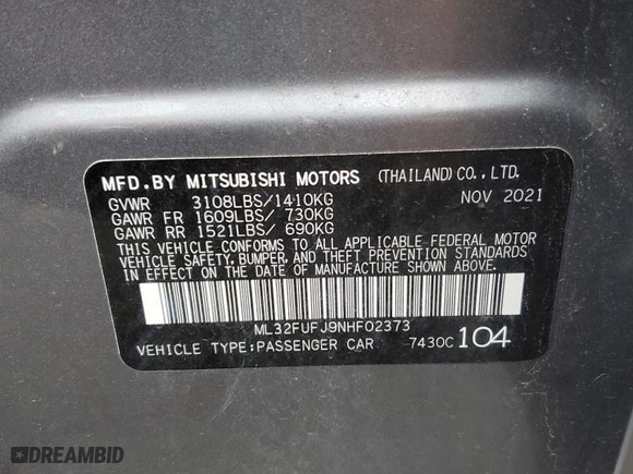 2022 Mitsubishi Mirage G4 ES with VIN ML32FUFJ9NHF02373, listed as a Copart auction lot 47638725 with 23,517 mi miles and Salvage Title. Bid and sale history available at carsss.com. Image 12.