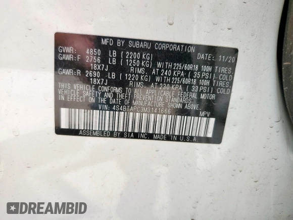 2021 Subaru Outback Touring z VIN 4S4BTAPC3M3141666, wystawiony jako Copart lot #58020415 z przebiegiem 61 299 mil mil oraz Szkoda całkowita • Salvage title. Historia ofert i sprzedaży dostępna na DreamBid. Obrazek 14.