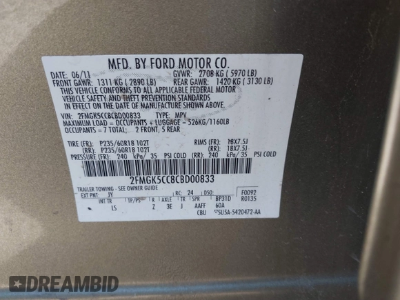 2012 Ford Flex SEL with VIN 2FMGK5CC8CBD00833, listed as a IAAI auction lot 41882383 with 202,171 mi miles. Bid and sale history available at carsss.com. Image 9.