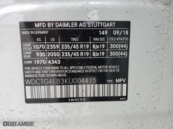 2019 Mercedes-Benz GLA with VIN WDCTG4EB3KU004415, listed as a Copart auction lot 41778515 with 97,333 mi miles and Salvage Title. Bid and sale history available at carsss.com. Image 12.