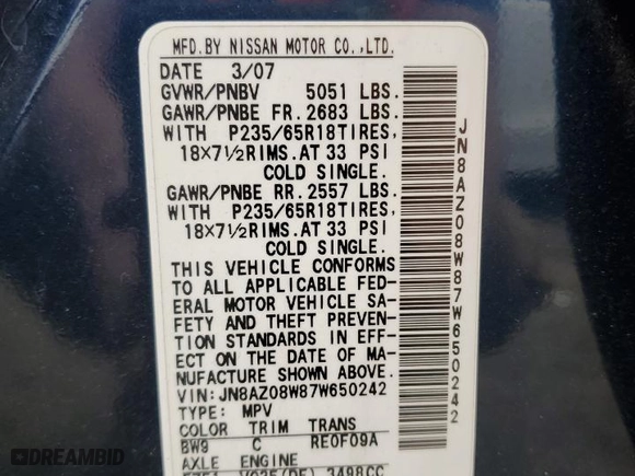 2007 Nissan Murano SL with VIN JN8AZ08W87W650242, listed as a Copart auction lot 46072315 with 93,758 mi miles and Salvage Title. Bid and sale history available at carsss.com. Image 13.