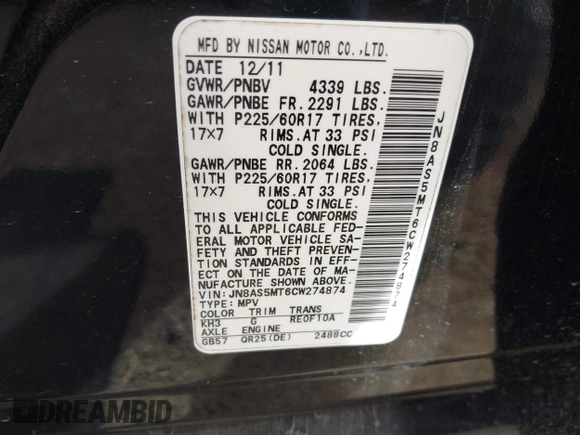2012 Nissan Rogue S with VIN JN8AS5MT6CW274874, listed as a IAAI auction lot 41787759 with Not Provided miles and . Bid and sale history available at DreamBid. Image 9.