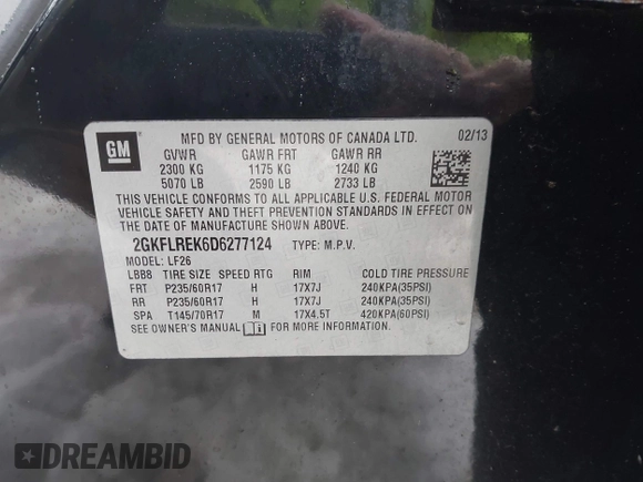 2013 GMC Terrain SLE with VIN 2GKFLREK6D6277124, listed as a IAAI auction lot 41546732 with 149,688 mi miles. Bid and sale history available at carsss.com. Image 9.