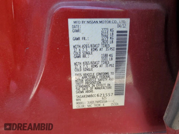 2012 Nissan Pathfinder SV z VIN 5N1AR1NB6CC621557, wystawiony jako Copart lot #52491755 z przebiegiem 167 186 mil mil oraz Szkoda całkowita • Salvage title. Historia ofert i sprzedaży dostępna na DreamBid. Obrazek 15.