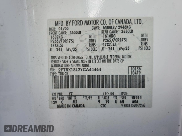 2000 Ford F-150 XL with VIN 2FTRX18L2YCA44464, listed as a Copart auction lot 51081335 with Not provided miles and Salvage title. Bid and sale history available at DreamBid. Image 12.