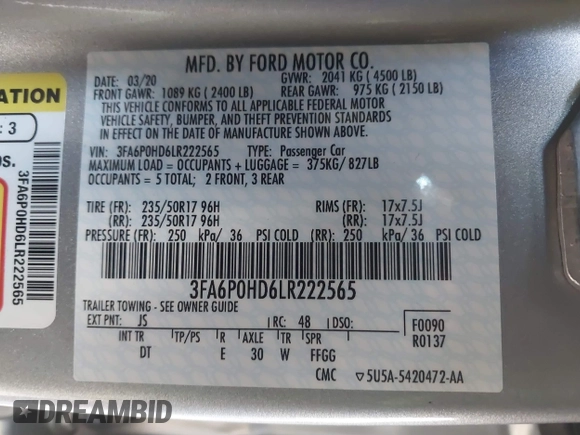 2020 Ford Fusion SE with VIN 3FA6P0HD6LR222565, listed as a IAAI auction lot 41784409 with 27,345 mi miles. Bid and sale history available at carsss.com. Image 9.