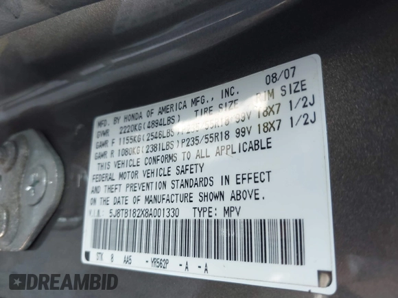 2008 Acura RDX with VIN 5J8TB182X8A001330, listed as a IAAI auction lot 41714122 with 1 mi miles. Bid and sale history available at carsss.com. Image 9.