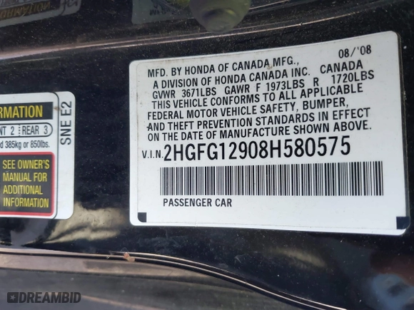 2008 Honda Civic Cpe EX-L with VIN 2HGFG12908H580575, listed as a IAAI auction lot 41579794 with 198,065 mi miles. Bid and sale history available at carsss.com. Image 9.