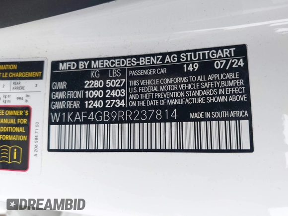 2024 Mercedes-Benz C 300 with VIN W1KAF4GB9RR237814, listed as a IAAI auction lot 41774059 with Not Provided miles and . Bid and sale history available at DreamBid. Image 9.