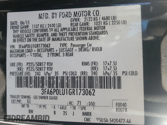 2016 Ford Fusion SE Hybrid with VIN 3FA6P0LU1GR173062, listed as a Copart auction lot 43481475 with 240,761 mi miles and Clean Title. Bid and sale history available at carsss.com. Image 12.