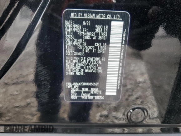 2024 Nissan Armada Platinum with VIN JN8AY2DB1R9850527, listed as a Copart auction lot 88483375 with 7,420 mi miles and Salvage Title. Bid and sale history available at carsss.com. Image 14.