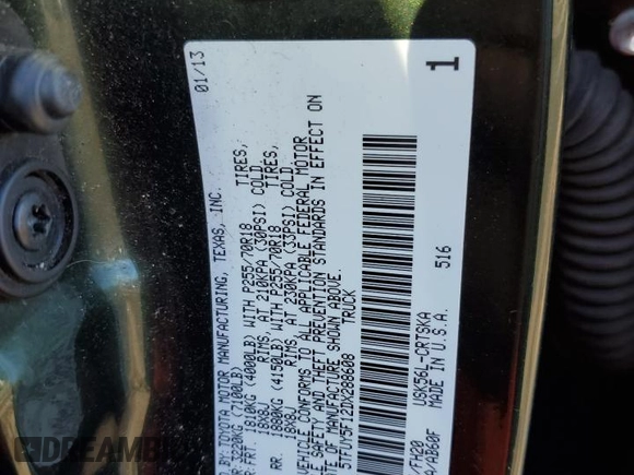 2013 Toyota Tundra z VIN 5TFUY5F12DX288608, wystawiony jako Copart lot #86147124 z przebiegiem Nie podano mil oraz Szkoda całkowita • Salvage title. Historia ofert i sprzedaży dostępna na DreamBid. Obrazek 12.