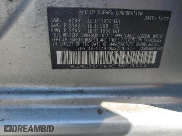 2021 Subaru Impreza with VIN 4S3GTAB63M3709250, listed as a Copart auction lot 54343805 with 88,084 mi miles and Salvage title. Bid and sale history available at DreamBid. Image 12.