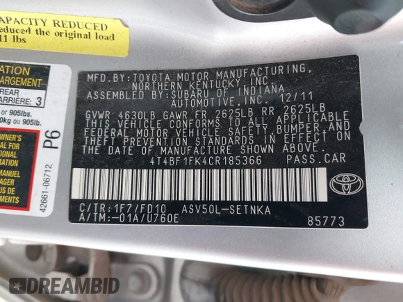 2012 Toyota Camry L with VIN 4T4BF1FK4CR185366, listed as a IAAI auction lot 41533830 with 172,192 mi miles. Bid and sale history available at carsss.com. Image 9.