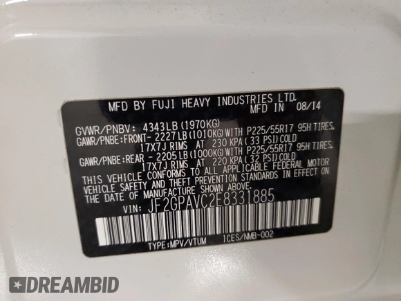2014 Subaru Crosstrek Premium with VIN JF2GPAVC2E8331885, listed as a Copart auction lot 59390665 with 113,530 mi miles and Salvage title. Bid and sale history available at DreamBid. Image 13.