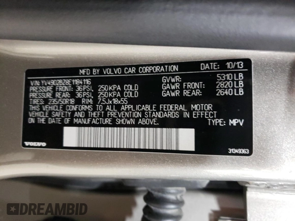 2014 Volvo XC70 T6 with VIN YV4902BZ8E1184116, listed as a Copart auction lot 58817004 with 97,967 mi miles and Salvage Title. Bid and sale history available at DreamBid. Image 14.