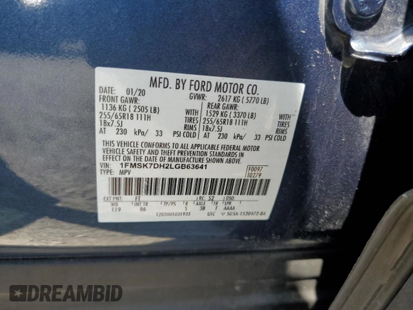 2020 Ford Explorer XLT with VIN 1FMSK7DH2LGB63641, listed as a Copart auction lot 50456645 with 55,147 mi miles and Non Repairable. Bid and sale history available at carsss.com. Image 13.