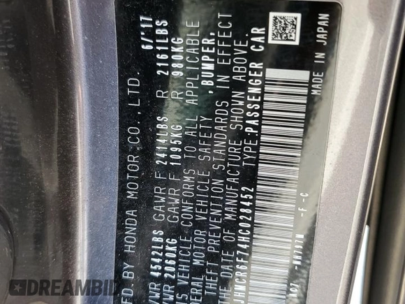 2017 Honda Accord Touring with VIN JHMCR6F74HC028452, listed as a Copart auction lot 62715345 with 83,506 mi miles and Salvage title. Bid and sale history available at DreamBid. Image 12.