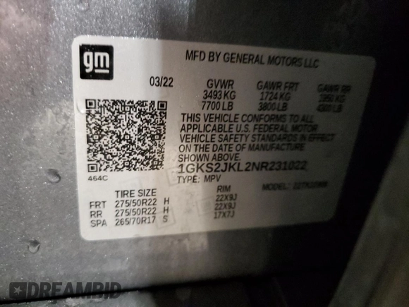 2022 GMC Yukon XL Denali with VIN 1GKS2JKL2NR231022, listed as a Copart auction lot 45096335 with 0 mi miles and Salvage Title. Bid and sale history available at carsss.com. Image 14.