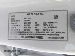 2023 Tesla Model 3 with VIN 5YJ3E1EA0PF503352, listed as a IAAI auction lot 41718658 with 28,426 mi miles and . Bid and sale history available at DreamBid. Image 9.