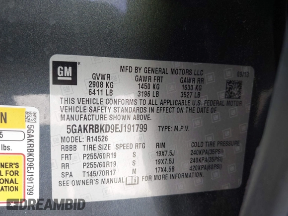 2014 Buick Enclave Leather with VIN 5GAKRBKD9EJ191799, listed as a IAAI auction lot 41895746 with 71,287 mi miles and . Bid and sale history available at DreamBid. Image 9.