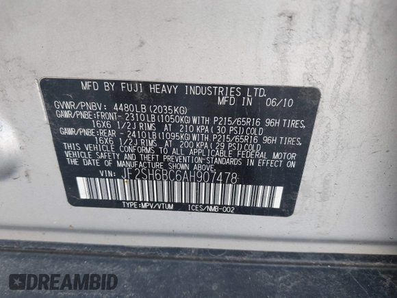 2010 Subaru Forester X with VIN JF2SH6BC6AH907478, listed as a IAAI auction lot 42562722 with 159,021 mi miles and . Bid and sale history available at DreamBid. Image 9.