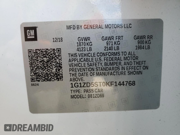 2019 Chevrolet Malibu LT with VIN 1G1ZD5ST0KF144768, listed as a Copart auction lot 49337575 with 126,554 mi miles and Salvage Title. Bid and sale history available at DreamBid. Image 12.