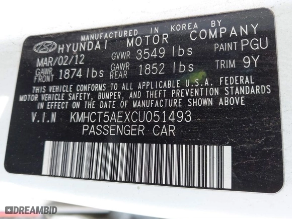 2012 Hyundai Accent GS with VIN KMHCT5AEXCU051493, listed as a IAAI auction lot 41666634 with 176,293 mi miles. Bid and sale history available at carsss.com. Image 9.