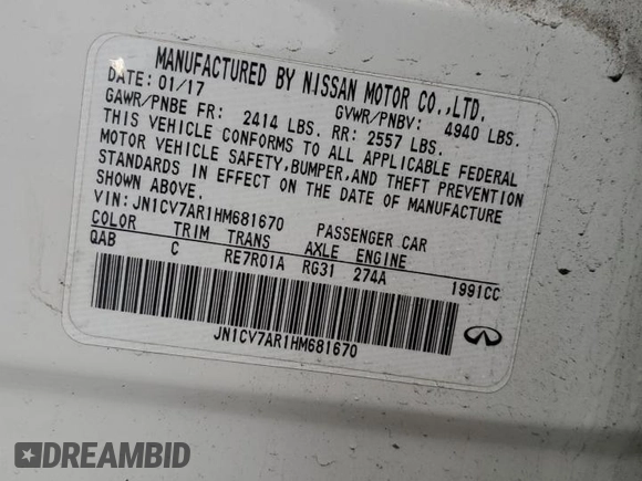 2017 Infiniti Q50 2.0t Premium with VIN JN1CV7AR1HM681670, listed as a Copart auction lot 51450165 with 87,020 mi miles and Salvage Title. Bid and sale history available at carsss.com. Image 14.