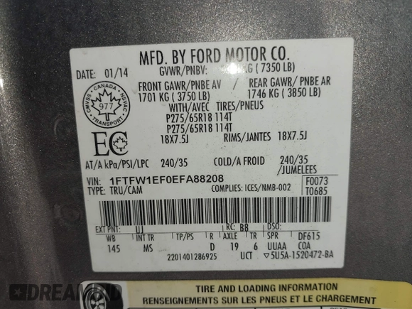 2014 Ford F-150 XL with VIN 1FTFW1EF0EFA88208, listed as a IAAI auction lot 42405046 with 246,198 mi miles and . Bid and sale history available at DreamBid. Image 9.