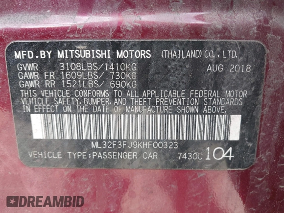 2019 Mitsubishi Mirage ES z VIN ML32F3FJ9KHF00323, wystawiony jako IAAI lot #41978070 z przebiegiem 117 512 mil mil oraz . Historia ofert i sprzedaży dostępna na DreamBid. Obrazek 9.