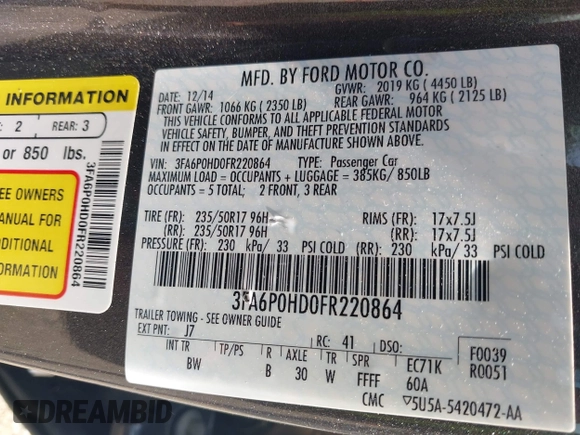 2015 Ford Fusion SE z VIN 3FA6P0HD0FR220864, wystawiony jako IAAI lot #42422266 z przebiegiem 148 361 mil mil oraz . Historia ofert i sprzedaży dostępna na DreamBid. Obrazek 9.