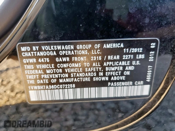 2013 Volkswagen Passat SE z VIN 1VWBH7A36DC072258, wystawiony jako Copart lot #58791285 z przebiegiem 114 018 mil mil oraz Szkoda całkowita • Salvage title. Historia ofert i sprzedaży dostępna na DreamBid. Obrazek 12.