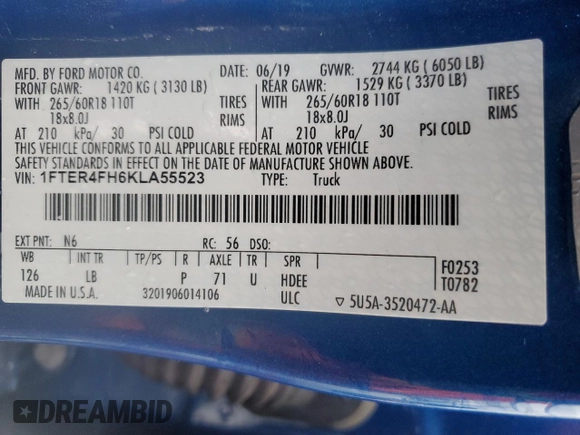 2019 Ford Ranger XL with VIN 1FTER4FH6KLA55523, listed as a Copart auction lot 53839545 with 16,847 mi miles and Salvage Title. Bid and sale history available at carsss.com. Image 13.