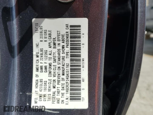 2016 Honda Accord Sedan LX with VIN 1HGCR2F34GA051782, listed as a Copart auction lot 49348985 with 83,854 mi miles and Salvage Title. Bid and sale history available at carsss.com. Image 12.