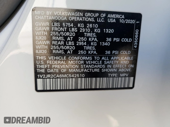 2021 Volkswagen Atlas SE with VIN 1V2JR2CA6MC542510, listed as a Copart auction lot 47224395 with 72,440 mi miles and Salvage title. Bid and sale history available at DreamBid. Image 14.