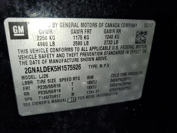 2017 Chevrolet Equinox Premier with VIN 2GNALDEK5H1575926, listed as a Copart auction lot 46900915 with 129,635 mi miles and Salvage Title. Bid and sale history available at DreamBid. Image 16.