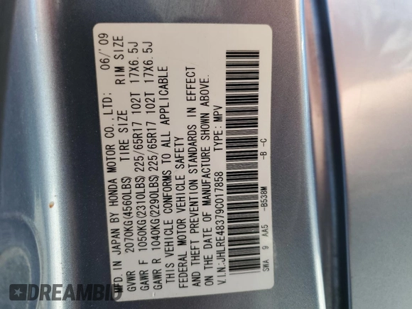 2009 Honda CR-V LX with VIN JHLRE48379C017858, listed as a Copart auction lot 53301165 with 158,113 mi miles and Salvage Title. Bid and sale history available at carsss.com. Image 13.